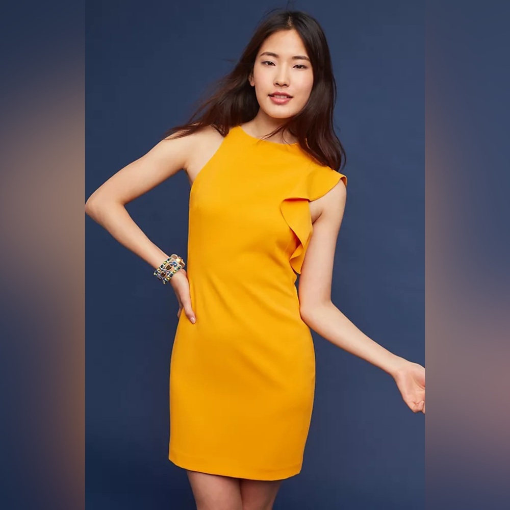 Black Halo Pabla Marigold Yellow Ruffle Mini Sheath Dress